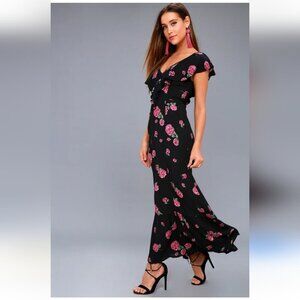 BILLABONG | Southern Border Black Floral Print Maxi Dress roses gauze sz Large